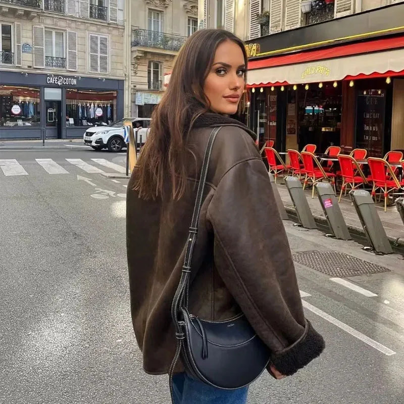 Brown leather winter jacket